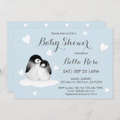 Bleu Coeur Penguin Baby Douche Invitations (Devant / Derrière)