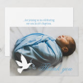 Bleu colombe garçons baptême photo carte de remerc (Devant / Derrière)