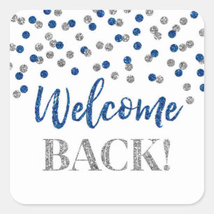 Bleu Confetti Argent Welcome Back Sticker Carré