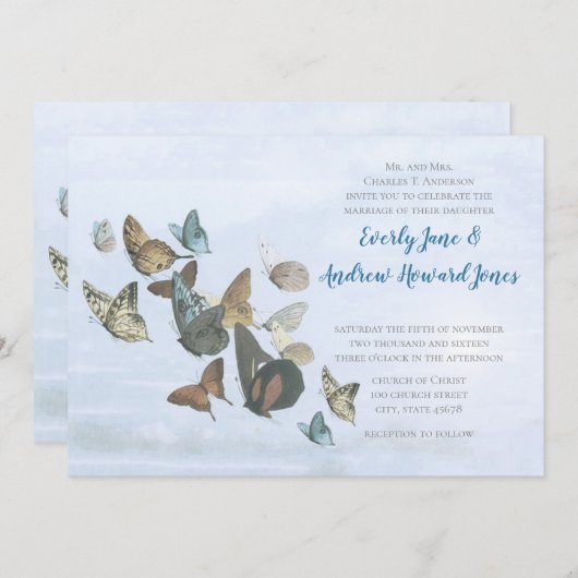 Bleu Copper Faire-part de mariage papillon Or (Devant / Derrière)