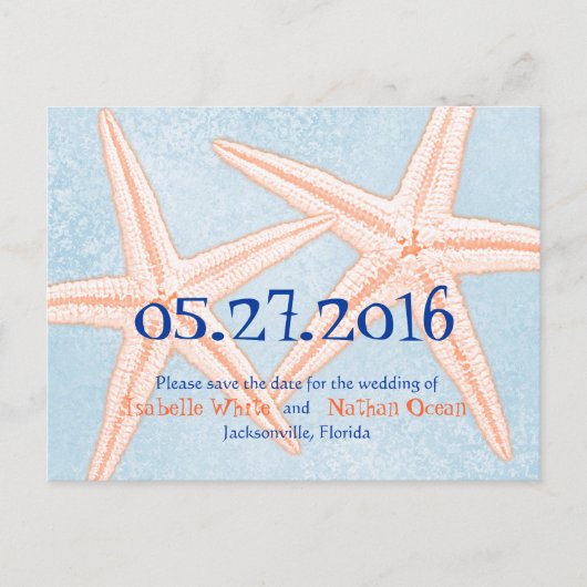 Bleu Coral Starfish Enregistrer la date cartes pos (Devant)