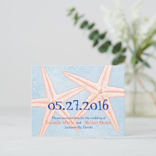 Bleu Coral Starfish Enregistrer la date cartes pos (Debout devant)