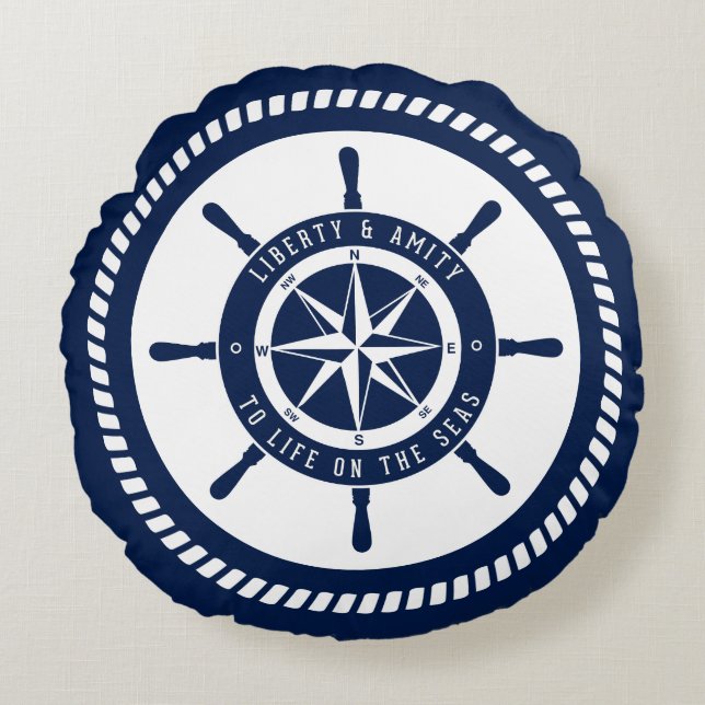 Bleu Coussin Nautique, Compas, Pilule Maritime Ron (Devant)