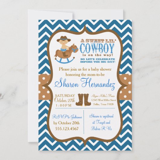 Bleu Cowboy Baby Boy Shower Invitation chevron (Devant)