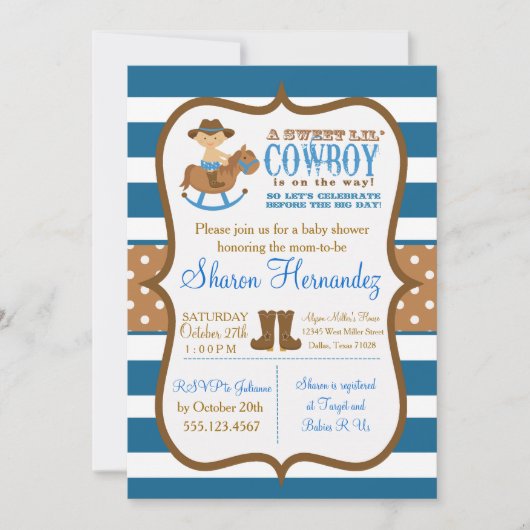 Bleu Cowboy Baby Boy Shower Invitation Stried (Devant)