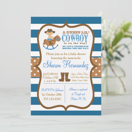 Bleu Cowboy Baby Boy Shower Invitation Stried (Debout devant)