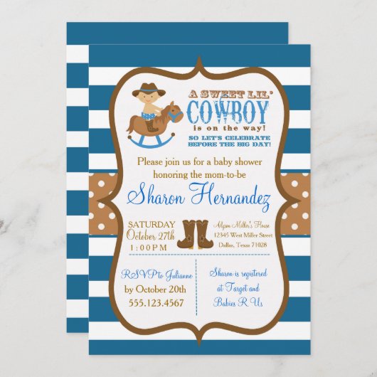 Bleu Cowboy Baby Boy Shower Invitation Stried (Devant / Derrière)