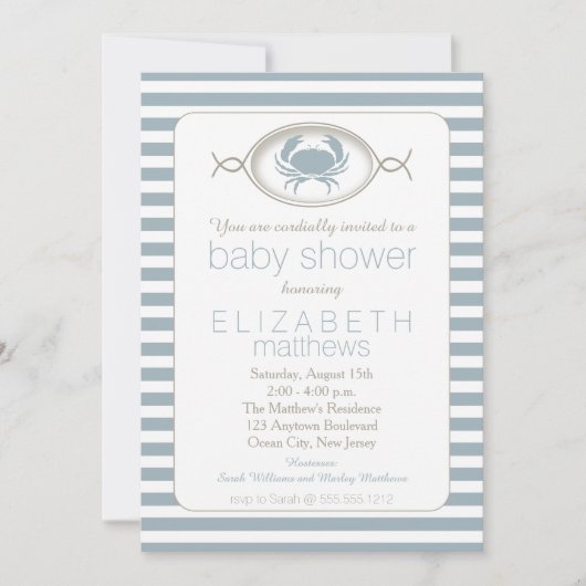 Bleu crabe nautique Baby shower rayé Invitation (Devant)
