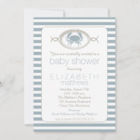 Bleu crabe nautique Baby shower rayé Invitation