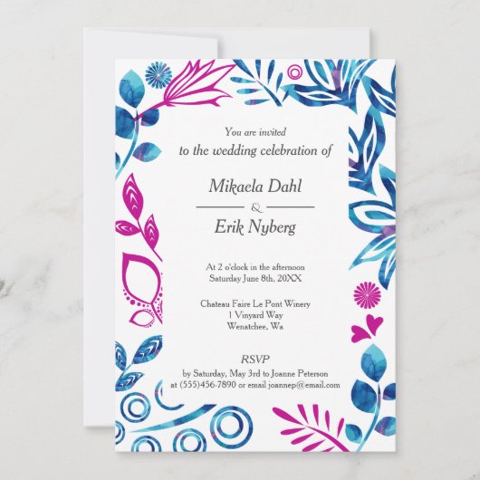 Bleu cristal et Faire-part de mariage rose profond (Devant)