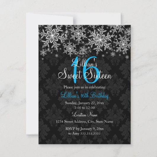 Bleu Cristal Snowflake Sweet 16 Invitation (Devant)