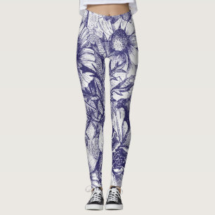 Bleu croquis fleur motif leggings