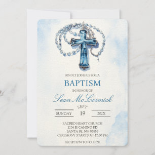 Bleu Crucifix baptême Invitation