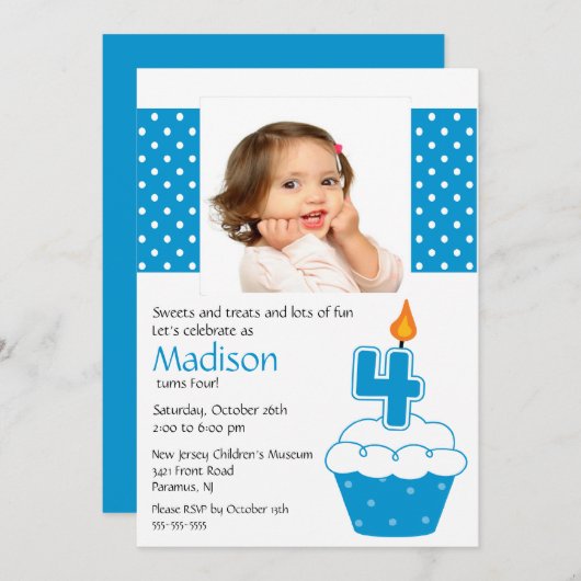 Bleu Cupcake Photo Invitation à l'anniversaire 4e  (Devant / Derrière)