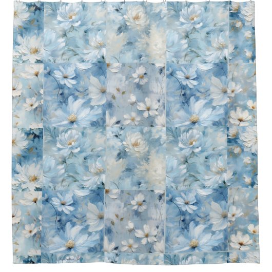 Bleu Daisy Floral Patchwork Douche rideau (Devant)