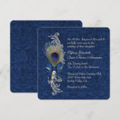 Bleu Damas et plumes de paon Faire-part de mariage (Devant / Derrière)