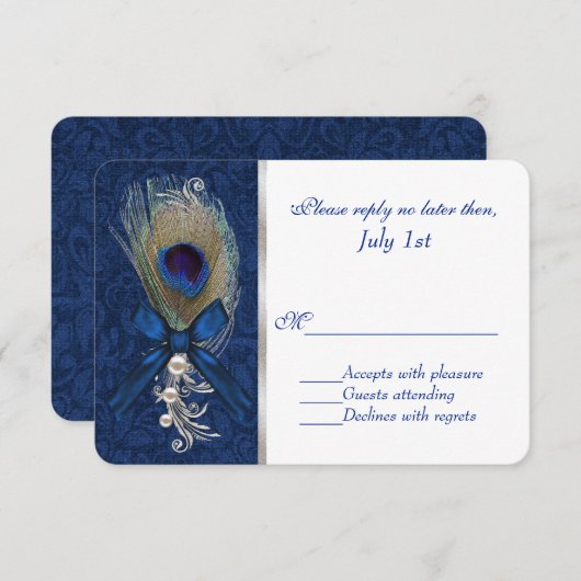 Bleu Damas et plumes de paon Mariage RSVP (Devant / Derrière)