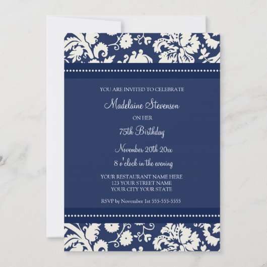 Bleu Damask 75e anniversaire Invitations (Dos)