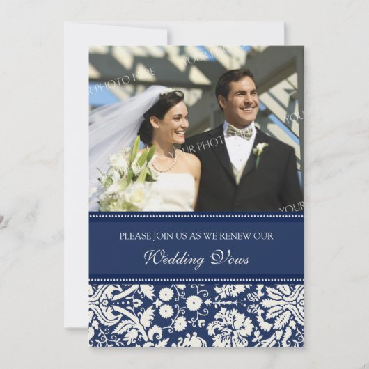 Bleu Damask Photo Mariage Vow Renewal Invitations (Devant)