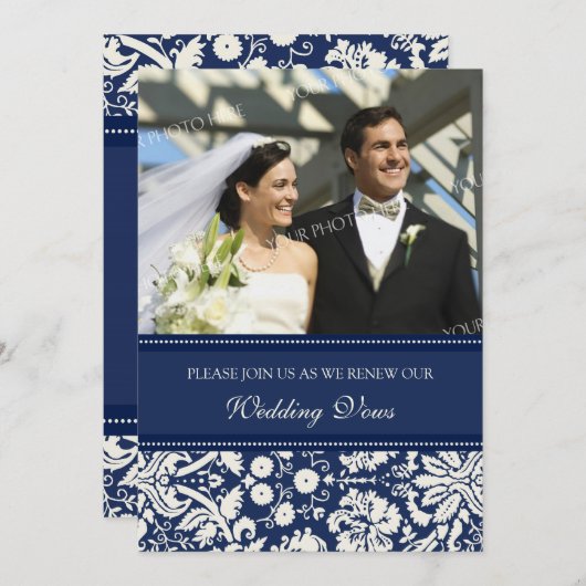 Bleu Damask Photo Mariage Vow Renewal Invitations (Devant / Derrière)