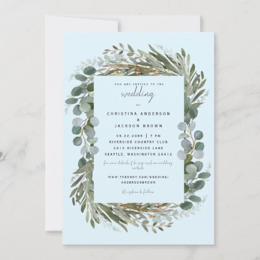 Bleu de glace Eucalyptus Faire-part de mariage bot (Devant)