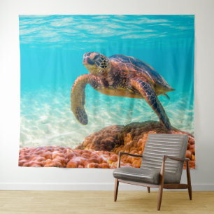 Bleu de la mer tortue de corail tapisserie