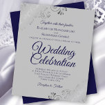 Bleu de marine sur Gris Frilly Faire-part de maria<br><div class="desc">Ces invitations de mariage abordables et abordables sont le choix parfait pour la classe, le style et la beauté sur un budget. Le design présente du texte bleu marine sur un arrière - plan gris avec des boucles et des tourbillons en faux feuille d'argent ornés dans les coins. La typographie...</div>