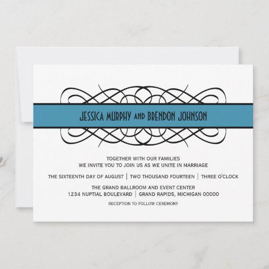 Bleu Déco Flourish Wedding Invitation (Devant)