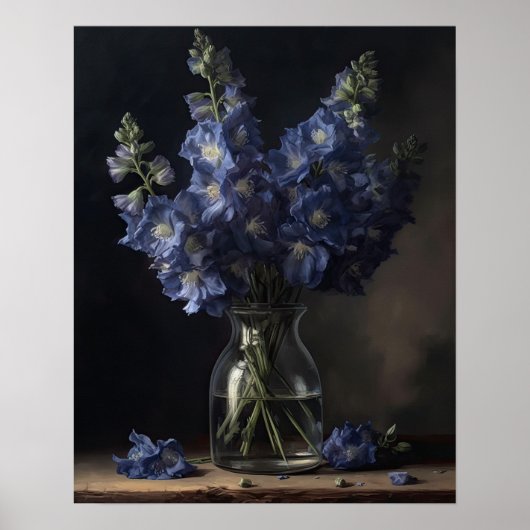Bleu Delphinium Fleurs Art Imprimer Poster (Devant)