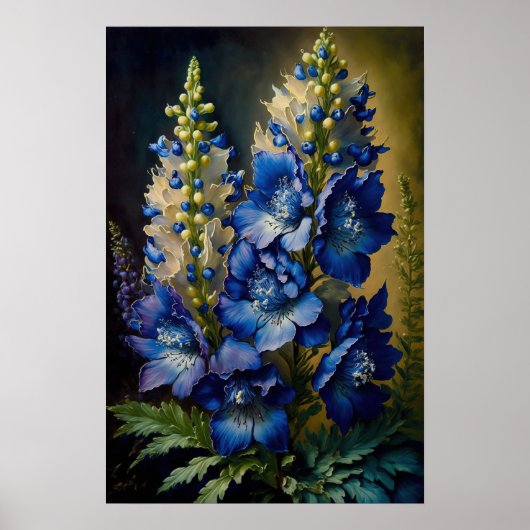 Bleu Delphinium Fleurs Art Imprimer Poster (Devant)
