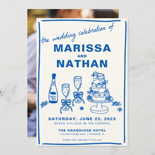 Bleu dessiné ensemble avec Faire-part de mariage p (Devant / Derrière)