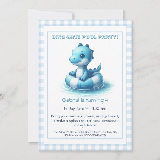 Bleu Dino-Mite Anniversaire Pool Party Invitation (Devant)