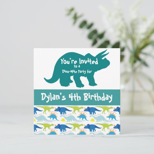 Bleu Dinosaure Tricératops Invitations d'anniversa (Debout devant)