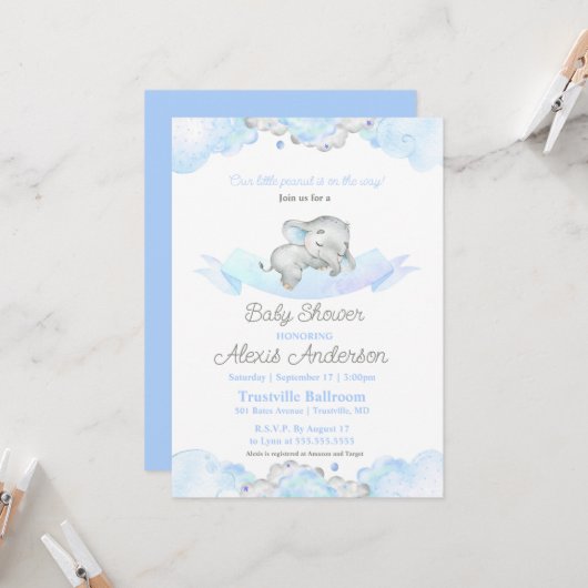 Bleu dormant bébé éléphant Baby shower Invitation (Devant/Arrière en situation)