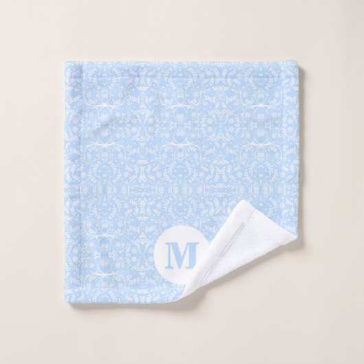 Bleu doux et blanc avec Monogramme (Gant de toilette)