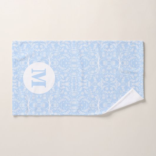 Bleu doux et blanc avec Monogramme (Serviette à main)