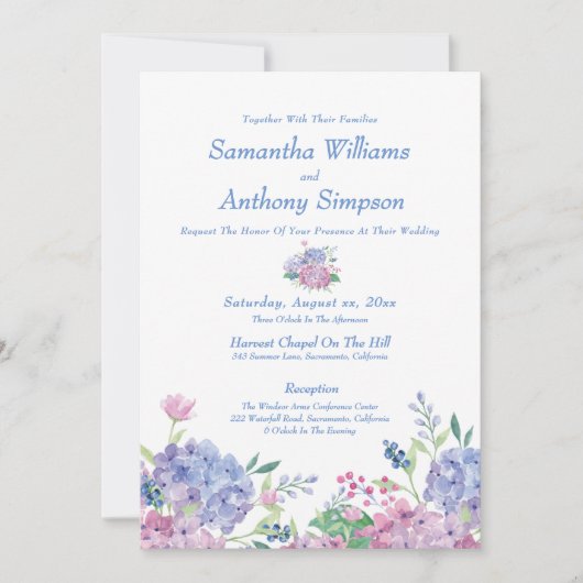 Bleu doux, Fleurs d'Hydrangée, Faire-part de maria (Devant)