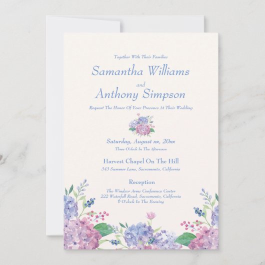 Bleu doux, Fleurs d'Hydrangée, Faire-part de maria (Devant)