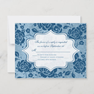 Bleu Duché, Carte RSVP Mariage damassé Floral Blan