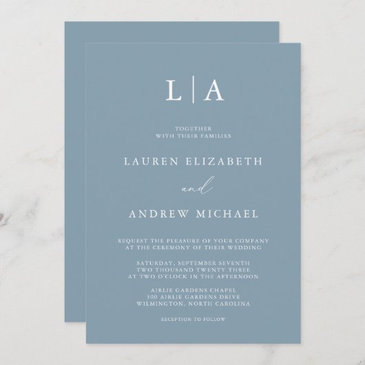 Bleu Duché Simple Élégant 1 Faire-part de mariage (Devant / Derrière)