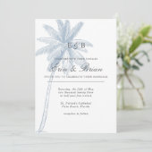 Bleu Dusty Palm Tree Faire-part de mariage minimal (Debout devant)