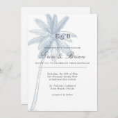 Bleu Dusty Palm Tree Faire-part de mariage minimal (Devant / Derrière)