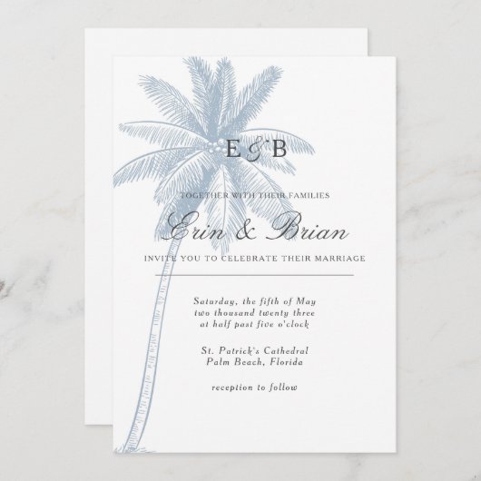 Bleu Dusty Palm Tree Faire-part de mariage minimal (Devant / Derrière)