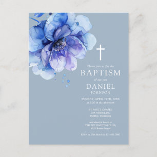 Bleu Elegant Aquarelle Floral Baptism Invitation