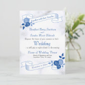 Bleu Élégant blanc gris floral Invitation coeur (Debout devant)