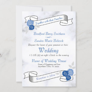 Bleu Élégant blanc gris floral Invitation coeur