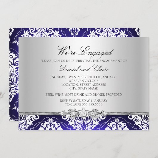 Bleu Elegant Damask Engagement Party Invitation (Devant / Derrière)