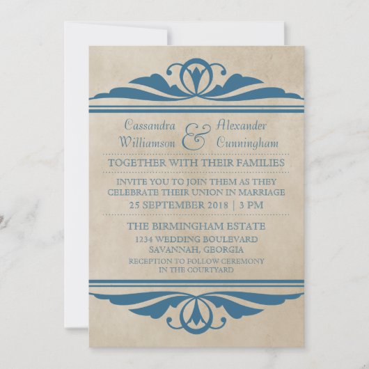Bleu Elegant Déco Mariage Invitation (Devant)