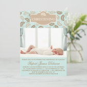 Bleu Elegant Floral Christening Photo invitation (Debout devant)