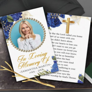 Bleu Elegant Floral Photo Funeral Carte de prière
